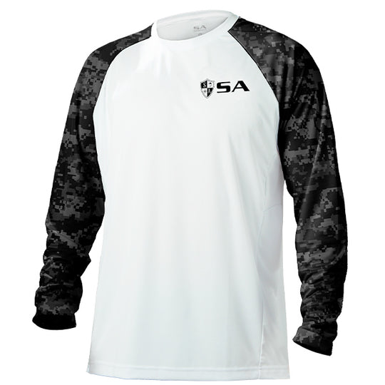 Performance Long Sleeve Shirt | White | Blackout Digi Camo | SA Shield