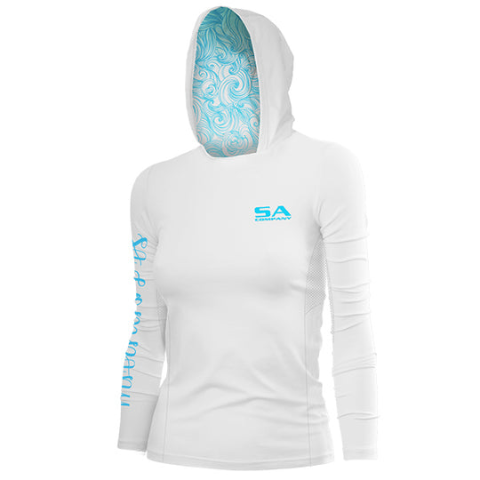 Women's Hooded Performance Long Sleeve Shirt | White | Tidal Waves﻿