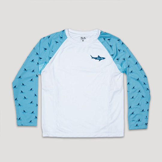 Kids Performance Long Sleeve Shirt w/ Mesh | White | 2-sleeve Baby Shark