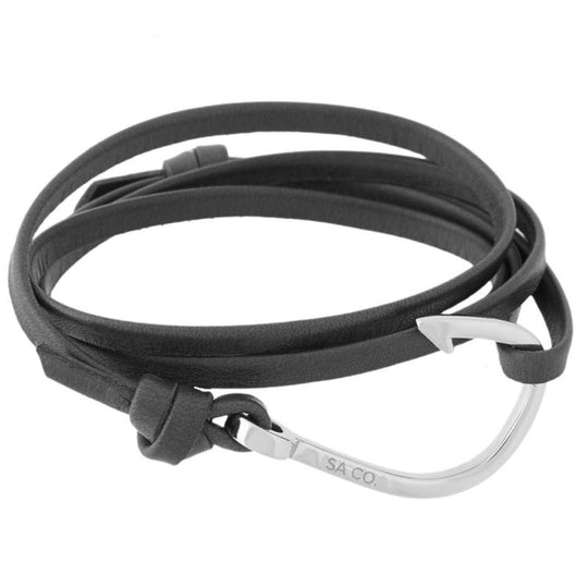 Silver Hook Wrap Bracelet | Black Leather